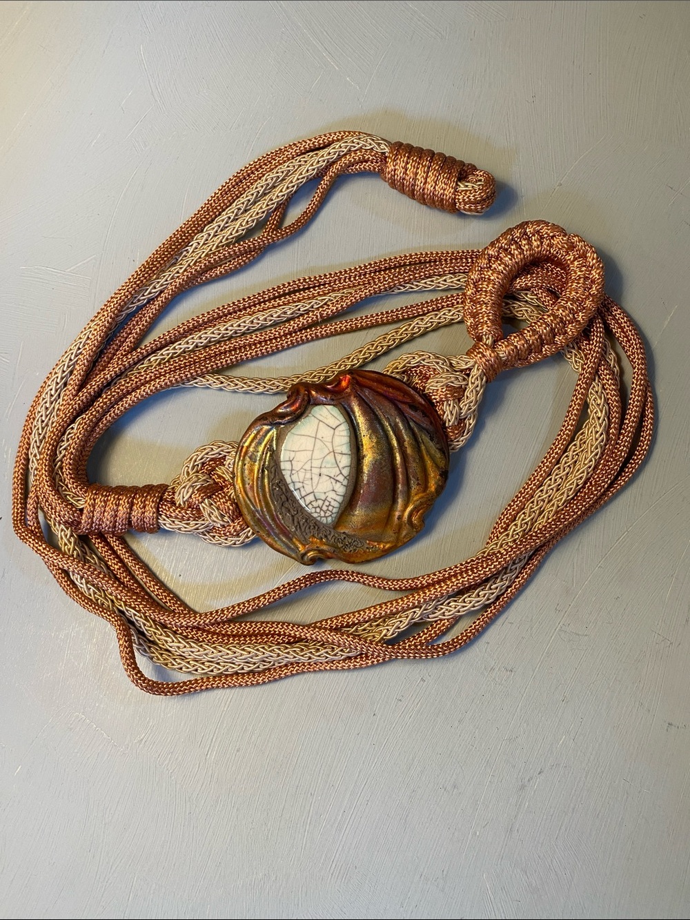 Vintage 80’s Artisan Raku Pottery & Silk Rope Belt